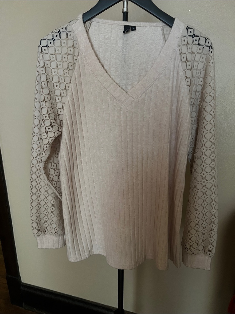 Light Cream V-Neck Sweater with Crochet Sleeves